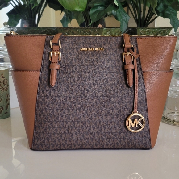Michael Kors Handbags - Michael kors charlotte large logo and leather top zip tote bag